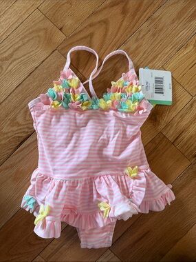 Little Me Pink and White Striped Ruffle Swimsuit with Floral Trim
